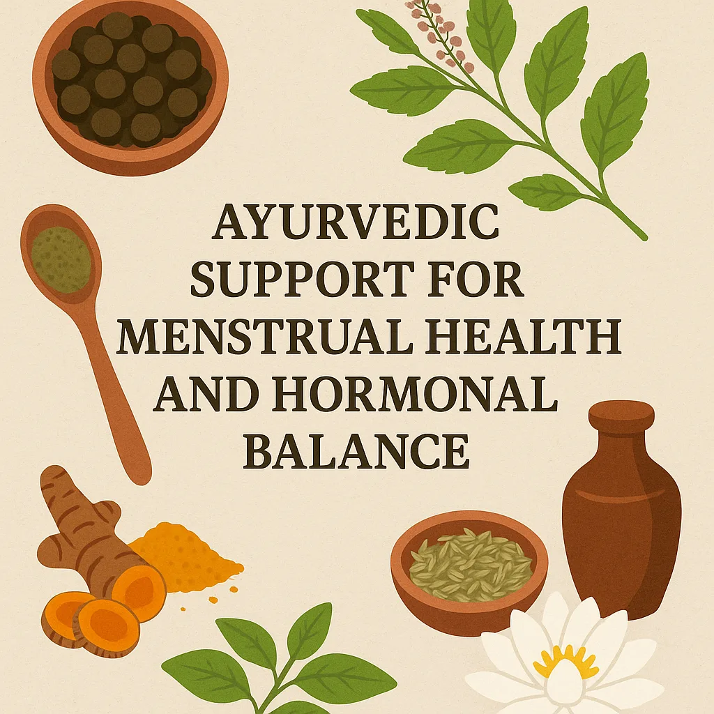 Ayurvedic support for menstrual health and hormonal balance with natural herbs and traditional ingredients illustration