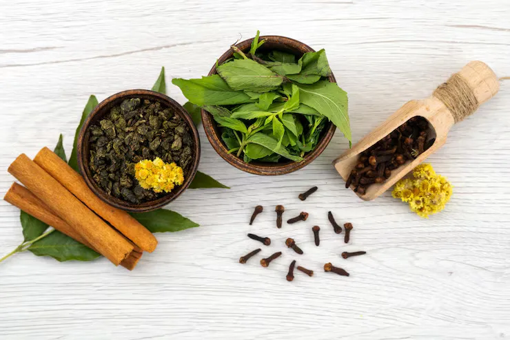 Mint leaves, cinnamon sticks, and various spices flat lay on white surface